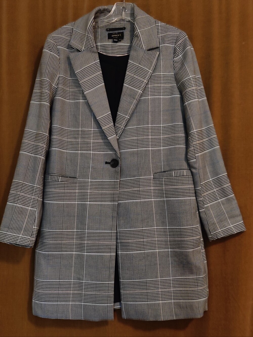 ONLY Glenn Plaid Single-Button Long Blazer, Size M